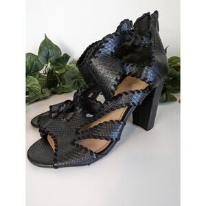 Torrid Heels Sandals Snakeskin Strappy Edgy Boho Sexy Black Whip Stitch Size 10W